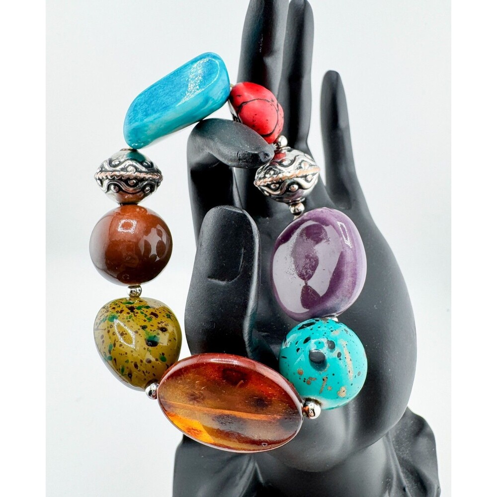 Chunky Multicolor Bead Stretch Bracelet – Boho Art Glass Stone Statement Bright